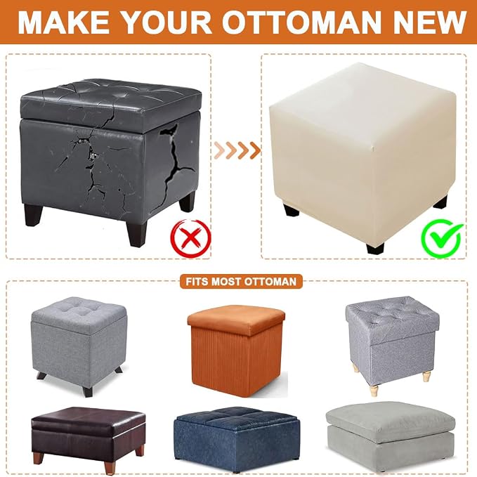 Waterproof Ottoman Cover Square Stretch PU Soft Folding Storage Ottoman Cover with Elastic Bottom Cube Footrest Foot Stool Slipcovers Machine Washable(Large/Ivory)
