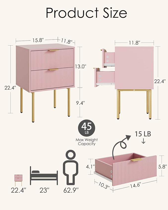 Aienvey Night Stand, Modern Nightstand with Drawers, Bedside Table, Gold Small Side Table for Bedroom, Living Room End Table (Pink Stripe, 2 Drawers)