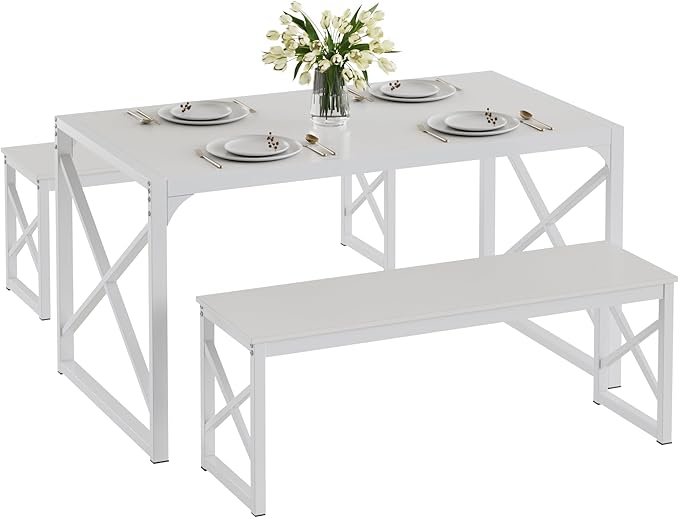 VECELO 55” Kitchen Dining Table Set for 4, Heavy-Duty Steel Frame & Wood-Grain Tabletop, Space-Saving Dinette Sets with 2 Benches for Breakfast Nook and Small Space, White