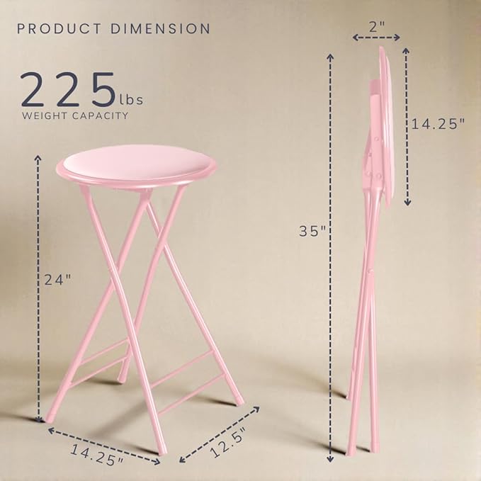 Lavish Home Folding Stool - Backless 24-Inch Stool with 225lb Capacity for Kitchen or Rec Room - Portable Indoor Counter Bar Stools (Pink)