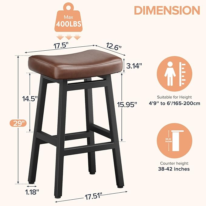 Raynesys 29 Inches Bar Stools Set of 2, Bar Height Barstools for Home Counter, Blackless Barstool with Bonded Leather Saddle Seats & Heavy Duty Metal Legs, Easy Assembly, Brown/Black