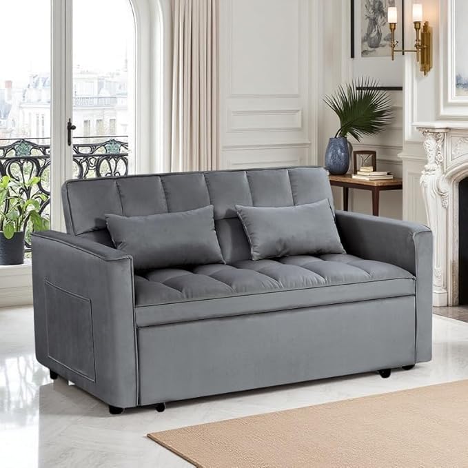 3 in 1 Convertible Sleeper Sofa Bed, Velvet Fabric Loveseat Sofa Bed with Adjustable Backrest & Large Side Pockets, Pull Out Couch for Small Spaces, Apartment, Living Room, Dark Gray