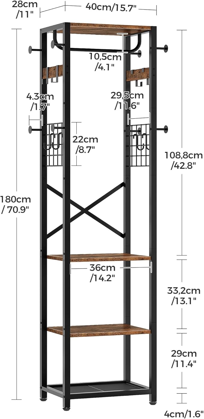 CHOEZON Coat Rack with Shelves, Freestanding Hall Tree, Coat Tree with 16 Hooks and Hanging Rail, Industrial Clothes Stand for Entryway, Hallway, Bedroom, Rustic Brown and Black TYM18BF