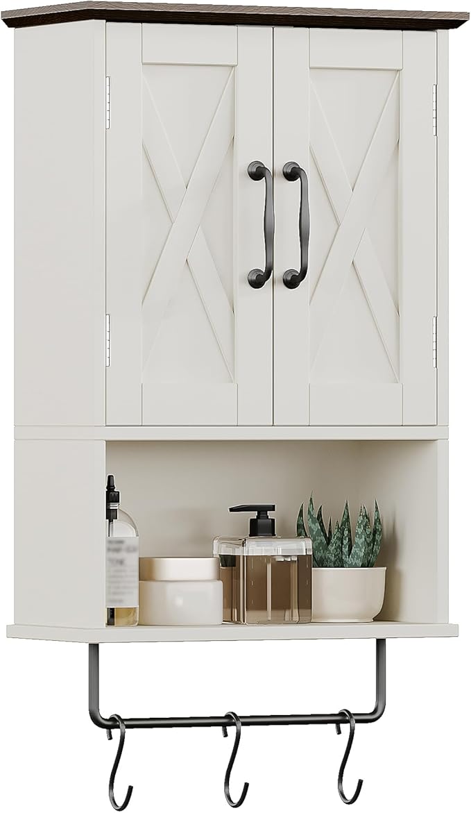 ChooChoo Farmhouse Medicine Cabinet, Bathroom Wall Cabinet with Adjustable Shelf, Towel Bar, 3 Hooks, Over The Toilet Storage Cabinet for Bathroom, Kitchen, 19.3''L, Antique White & Brown