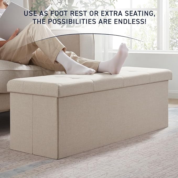 Ornavo Home Folding Storage Ottoman, 43 Inch Extra Large Storage Bench with Lid, Foot Rest Stool for Bedroom, Living Room, Entryway, Tufted Linen Upholstered - Beige