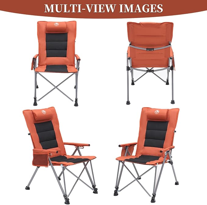 Folding Reclining Camping Chair with Footrest, 5-Position Adjustable Lounge Chair with Headrest & Cushion, Portable Heavy Duty Camping Chair for Outdoor, Beach, Patio, Office (Orange)
