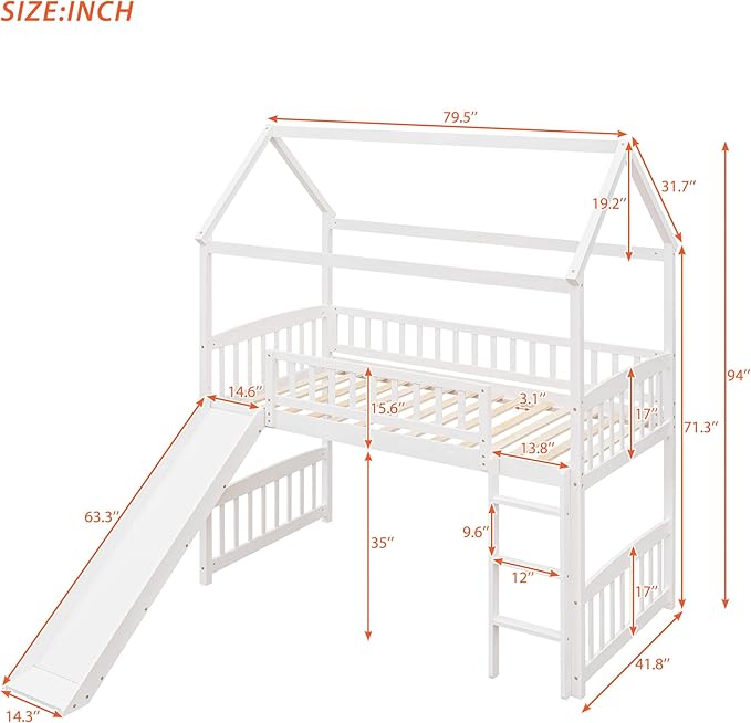 House Loft Bunk Bed Frames with Slide No Box Spring Needed for Teens, Girls or Boys