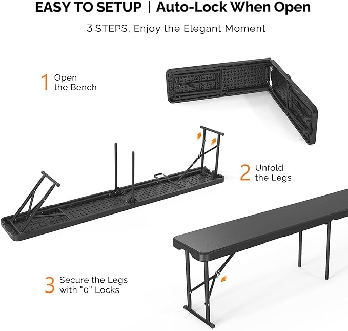 VINGLI 6 feet Plastic Folding Bench,Portable in/Outdoor Picnic Party Camping Dining Seat, Garden Soccer Multipurpose Entertaining Activities, Smooth HDPE Tabletop (1, Black, 6ft)