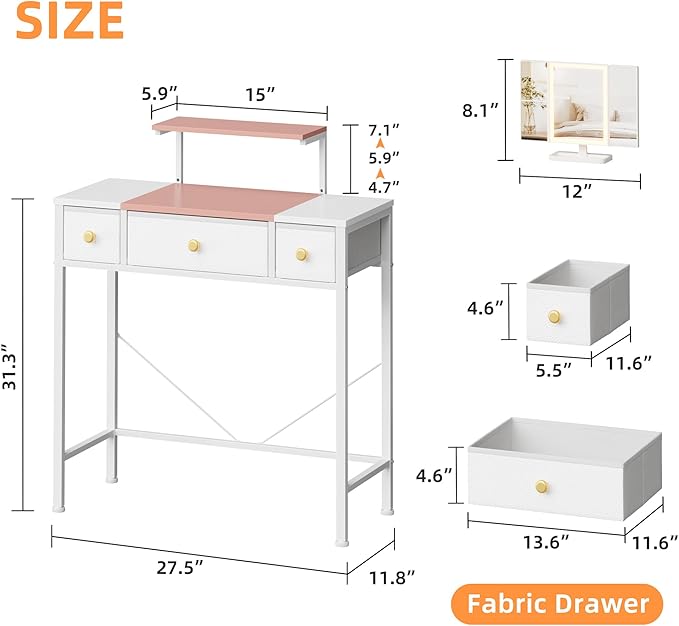 HIGDBFE Small Makeup Vanity Desk 27.5''W with Mirror and Lights, Vanity Desk with 3 Fabric Drawers and Height-Adjustable Stand, Vanity Table for Girls Gifts, Bedroom and Small Spaces, White&Pink