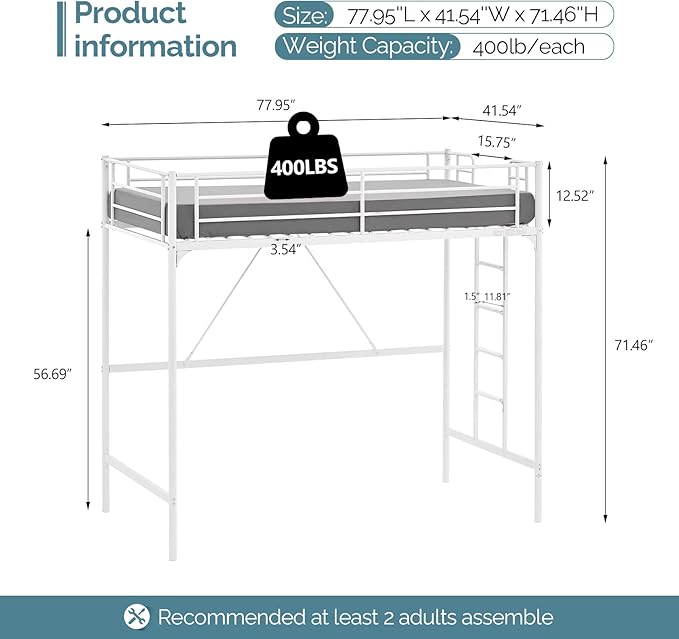 VINGLI Loft Bed Twin for Kids Loft Bunk Bed Frame with Stairs/Flat Ladder Rung,Metal Single Loft for Adults, No Box Spring Required, White