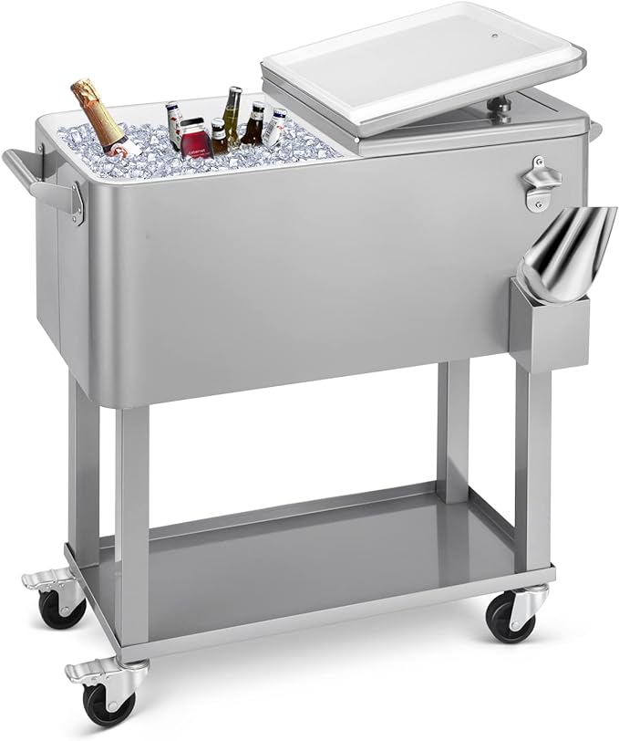 80 Quart Rolling Ice Chest Cooler Cart,Patio Backyard Party Drink Beverage Bar Stand Up Cooler Trolley with Ice Scoop
