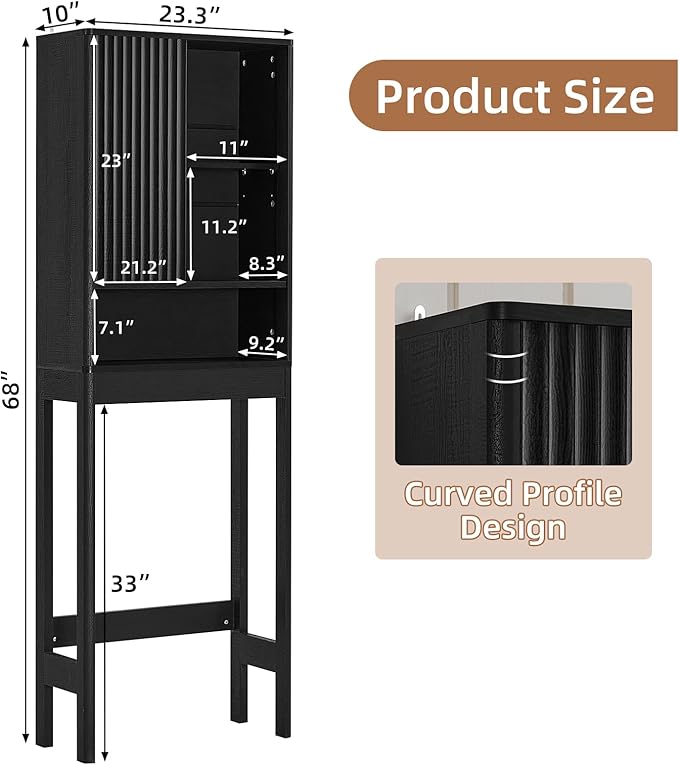 LEYAOYAO Fluted Over The Toilet Storage Cabinet, Farmhouse Over Toilet Bathroom Organizer with a Sliding Door, 68" Tall Black Freestanding Washer Shelf with Adjustable Shelf & Curved Profile