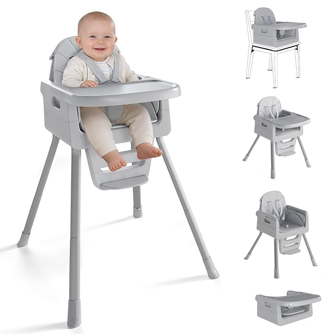 Baby High Chair for 6 Months+, Foldable High Chairs for Babies and Toddlers, Convertible High Chair, Adjustable Tray & Footrest, Portable High Chair & Easy to Clean(Gray)