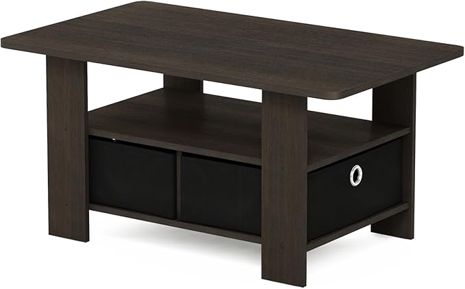 Furinno Andrey Coffee Table, Small Modern Center Table with Storage and Bin Drawer, Side Table for Living Room, Bedroom, Home Office, Dark Brown
