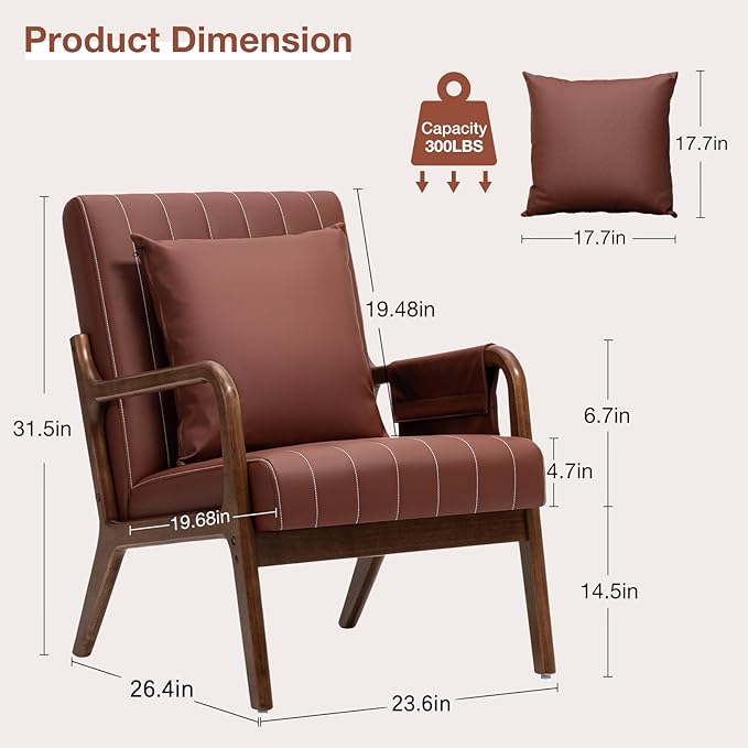 HOMMPA Mid-Century Modern Accent Chair Set of 2, Comfy Reading Armchair with Solid Wood Frame & Lumbar Pillow, Upholstered Linen Lounge Chair with Side Pocket for Living Room, Bedroom,Balcony (Brown)