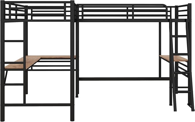 MERITLINE Metal L-Shaped Loft Bed for Two Kids Twin Size High Loft Bed Frame with Two Built-in Desks Underneath for Boys Teens, Black