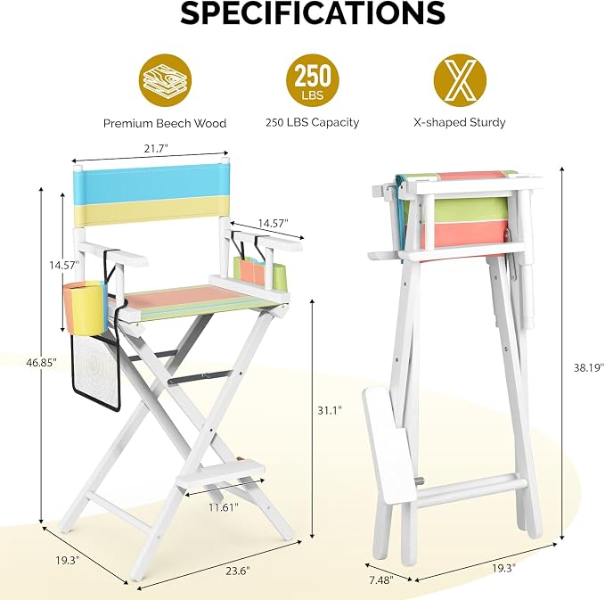 OmySalon Director's Chair 31" Height Folding Portable w/Storage Pouch & Footrest, Makeup Artist Chair for Salon, Events, Mobile, 250lb Capacity, White Wood Frame & Colorful Canvas Seat