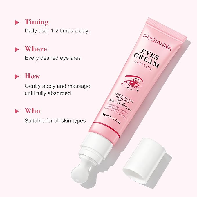 PUQIANA Eye Cream with Caffeine, Retinol & Acetyl Hexapeptide-8 - Anti-Aging, Hydrating, Lifting & Firming, Reduces Fine Lines & Wrinkles, Infused with Niacinamide & Hyaluronic Acid