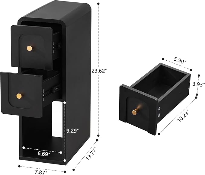 Narrow Nightstand with 2 Drawers, Small Bedside Tables, Mid-Century Modern Slim Night Stand with Storage, Wooden End Table for Small Spaces, Bedroom, Living Room (Black-1PCS)