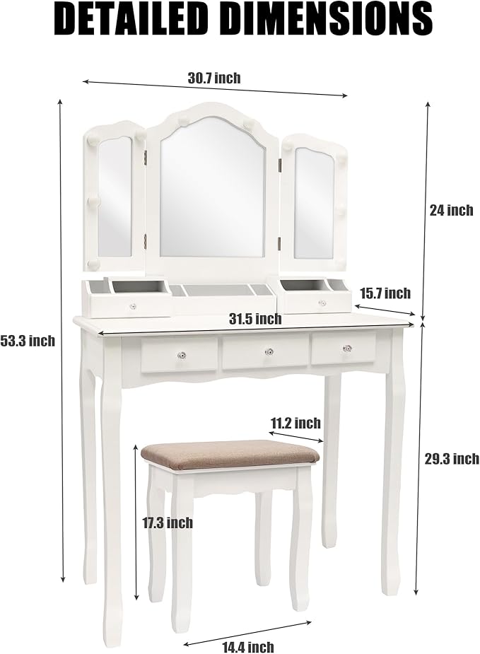 NEDYO Vanity Table, Vintage Vanity Desk with Mirror and Lights, Tri-Fold Mirror Small Makeup Vanity with Chair, Vanity Set for Bedroom and Small Spaces. White