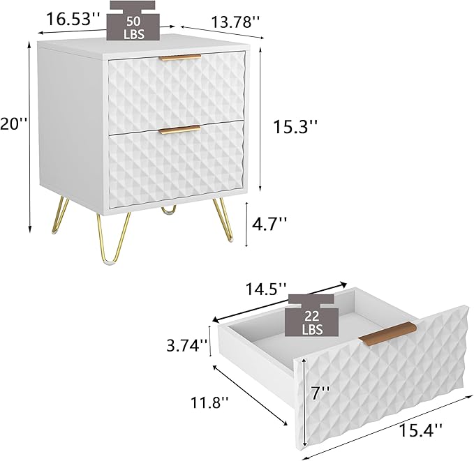 White Night Stand Set of 2, Modern Double Bedside Table with 2 Drawers Storage for Bedroom, Wood End Side Table with Gold Legs for Living Room