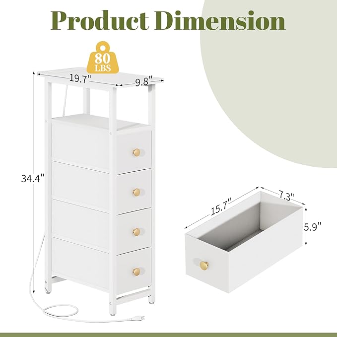 Yoobure LED Narrow Nightstand with Charging Station - Slim Dresser for Bedroom Narrow Side Table Storage Cabinet, Small Dressers Chest of Drawers, Tall Night Stand End Table for Small Spaces, White