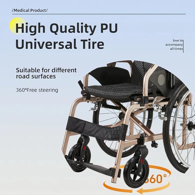 Lightweight Foldable Wheelchair for Adults - Aluminum Frame with Square Tube Design, 18" Seat & 22" PU Wheels, Front/Rear Locking Brakes, Champagne Gold