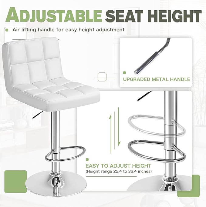 Furmax Bar Stools Modern Pu Leather Swivel Adjustable Hydraulic Bar Stool Square Counter Height Stool Set of 2 (White)