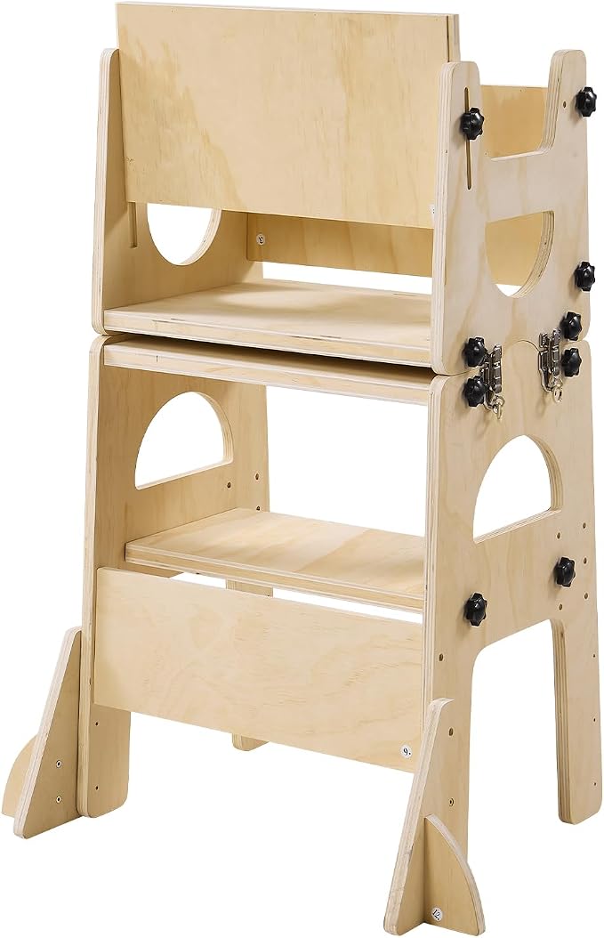 VEVOR 5-in-1 Toddler Kitchen Step Stool, Foldable Learning Standing Tower with Blackboard & Whiteboard, Wooden High Chair with Adjustable Back & Footrest, Kitchen Stool Helper with Detachable Stool