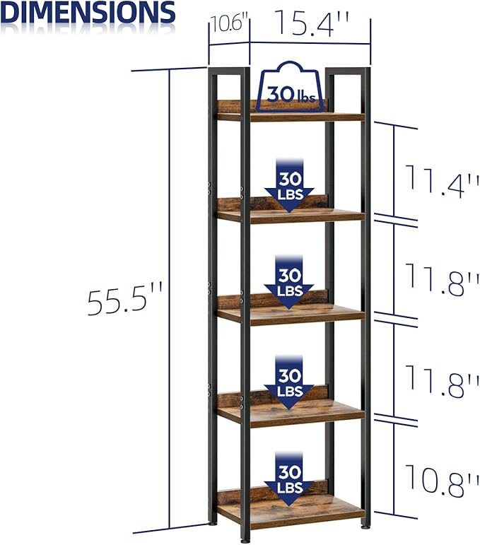 NUMENN Narrow Bookshelf, 5 Tier Bookshelves, Home Office Bookcase Shelf Storage Organizer, Free Standing Storage Shelving Unit for Bedroom, Living Room and Home Office, Vintage