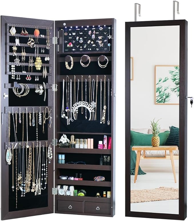 8 LED Lights Jewelry Armoire with Mirror - 47.3' H Cabinet Door Hanging/Wall Mounted Mirror With Storage And 2 Drawers - Brown