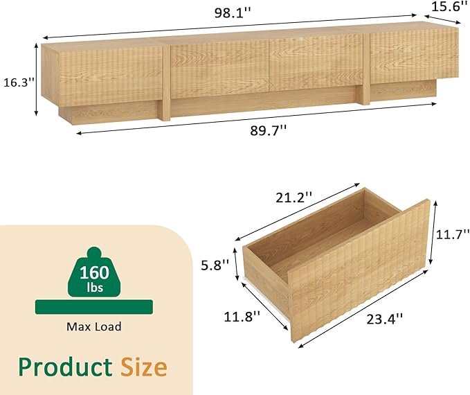 98” TV Stand for Living Room, Modern Entertainment Center with Drawers & Storage Compartments, Large TV Console Fits 55”-95” TVs, Square Top with Grooved Drawer Fronts & Stable Base,Natural