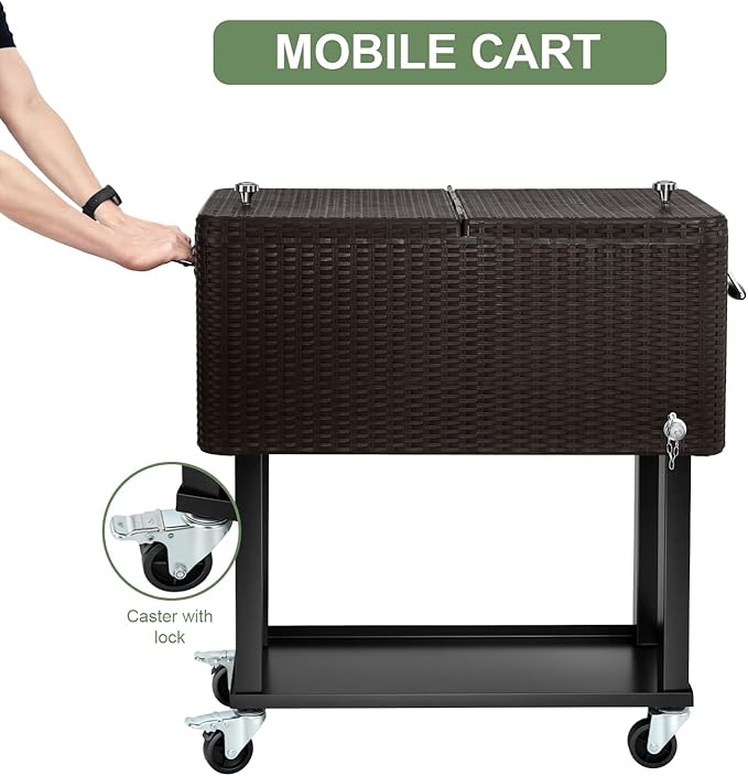 80 Quart Rolling Ice Chest Cooler Cart,Patio Backyard Party Drink Beverage Bar Stand Up Cooler Trolley with Ice Scoop