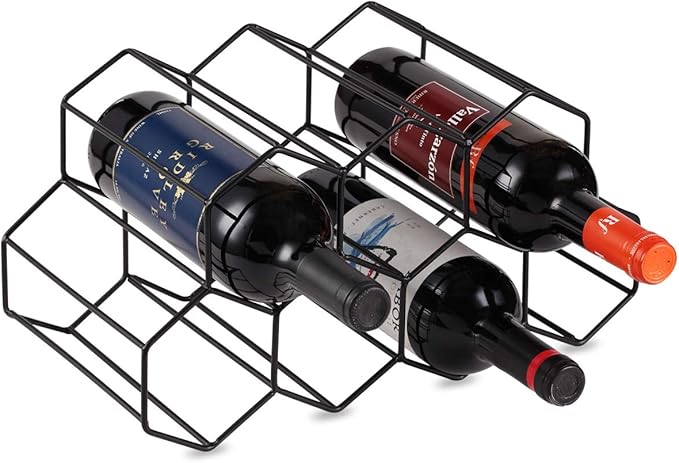 Buruis 9-Bottle Countertop Wine Rack, Honeycomb Metal Wine Holder for Red & White Wines, Standing Bottle Organizer for Home, Kitchen, or Bar, Black