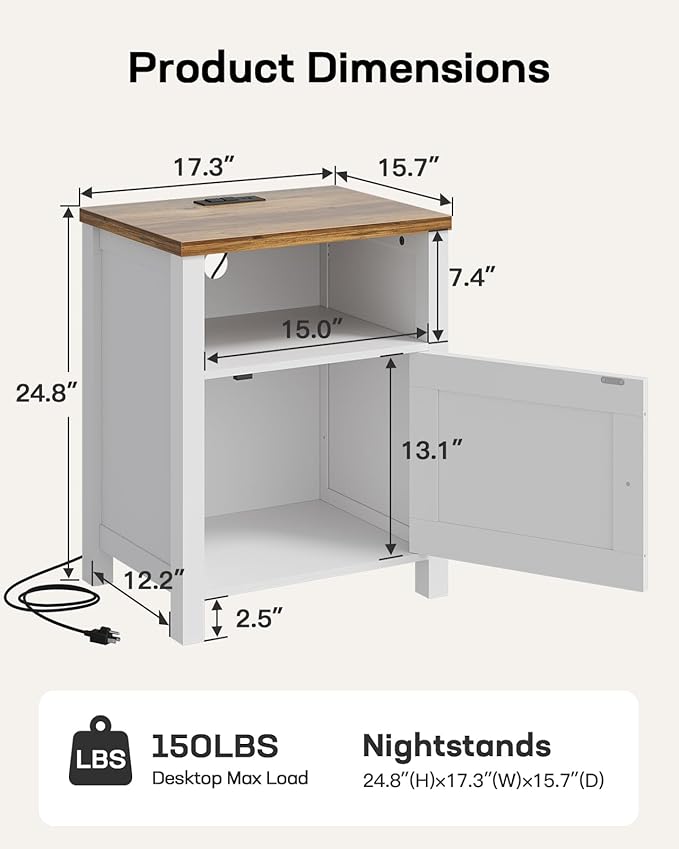 Marsail Farmhouse Nightstand, Wood Bedside Table with Charging Station, Night Stand with Shelf and Doors, End Table with Storage Side Table for Bedroom, White & Brown (1 Pack)