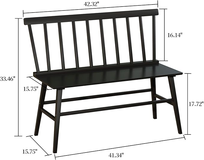 WISUCART Dining Bench for Kitchen & Dining Room – Bamboo Wood Bench with Spindle Back & Armrests, Farmhouse Entryway Bench, Indoor Bedroom Bench, Versatile Entry Bench & Outdoor Bench Seating（Black）