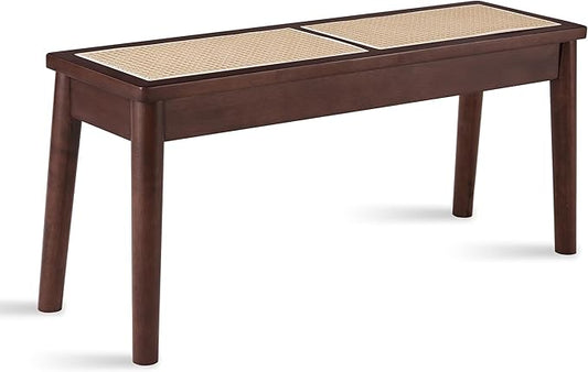 40" Wooden Dining Bench with Hand Woven Rattan Seat,Solid Wood Bench for Entryway,Living Room,Kitchen and Bedroom（Walnut，18" H