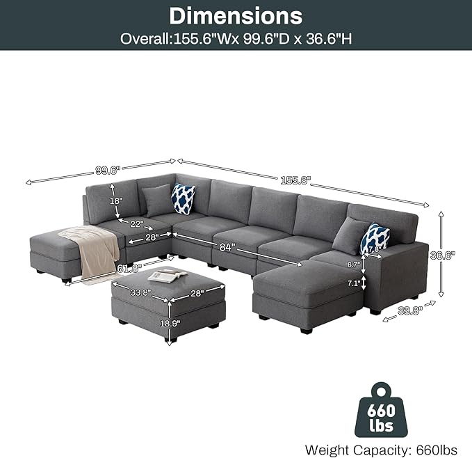 Legend Vansen Oversized Modular Sectional Sofa,U/L‑Shaped Reversible Couch with Ottoman,Deep Seat Plush Polyester Sofa for Living Room,9‑Seater,Dark Grey