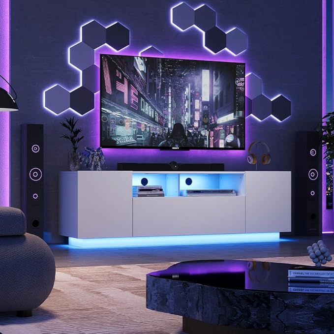 WLIVE Modern TV Stand for 65 Inch TV, Entertainment Center with LED Lights & Large Storage Cabinets, Sturdy Media Console for Living Room, Bedroom, Gaming(White)
