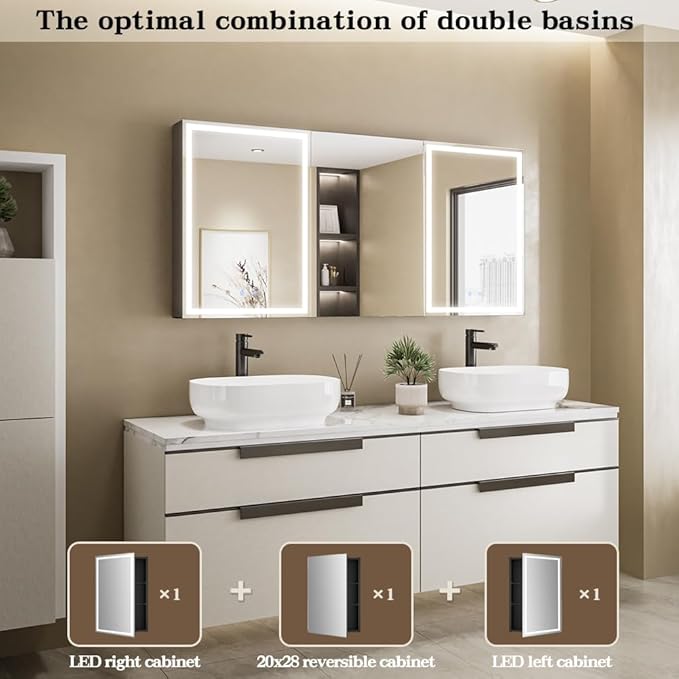 Spliceable Modular LED Lighted Bathroom Medicine Cabinet Mirror with Anti-Fog Aluminum Frame, Adjustable Lighting, Built-in Sockets & USB Ports – Wall Mounted (Left Hinge, 28" L x 20" W)