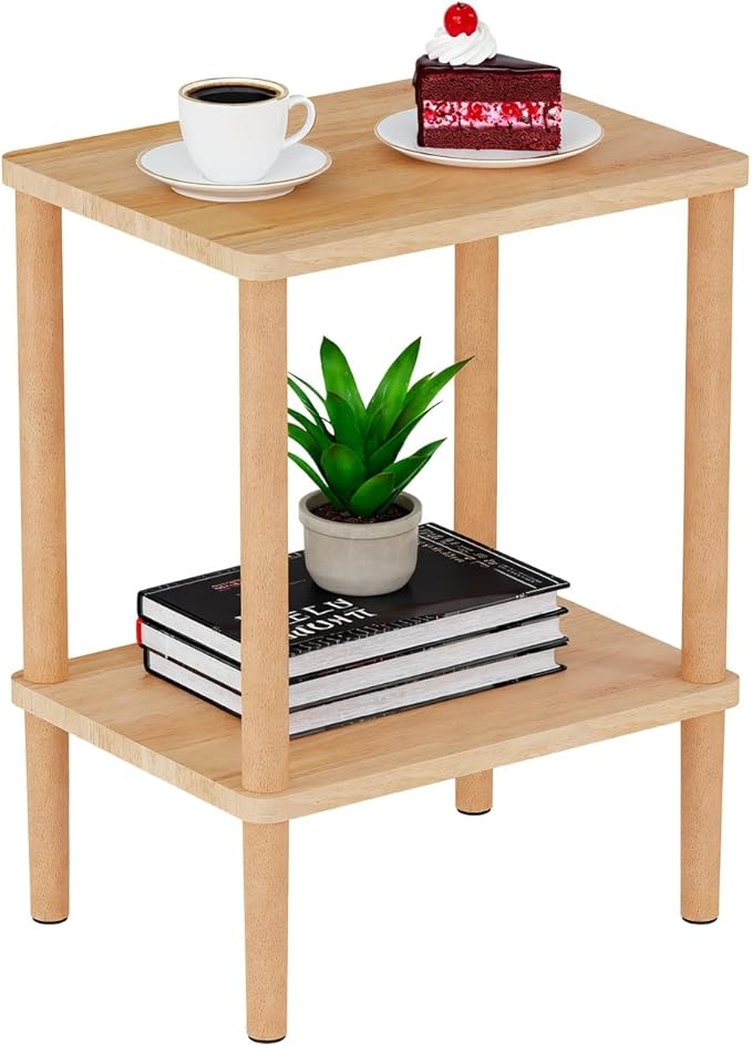 LUCKNOCK Solid Wood Side Table, 2-Tier Small End Table with Storage Shelf, Narrow Nightstand Bedside Table for Small Spaces, Bedroom, Living Room, Farmhouse, No-Tool Assembly.