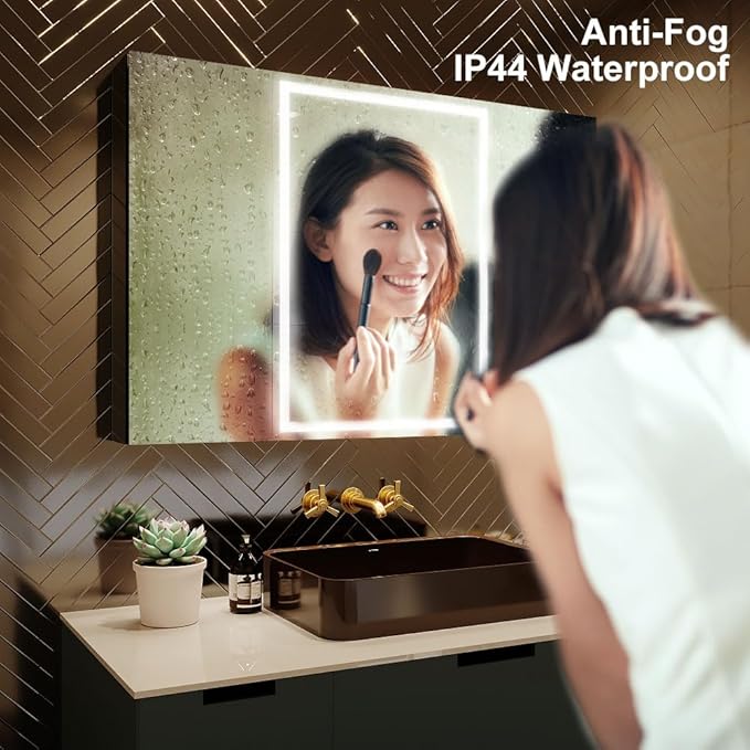 GANPE LED Lighted Bathroom Medicine Mirror Cabinet with Sockets & USBs, Anti-Fog Dimmable Light and Color Adjustment, Easy to Install Aluminum Cabinet (40 * 28 Three-Door)