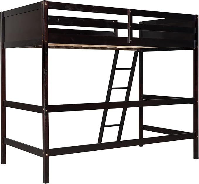 Merax Twin Modern Kids Wood Loft Bed with Gardrail and Ladders Loft Bunk Bed for Juniors, No Box Spring Needed, Espresso