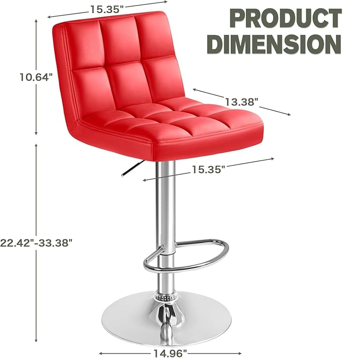 Furmax Bar Stools Modern Pu Leather Swivel Adjustable Hydraulic Bar Stool Square Counter Height Stool Set of 2 (Red)