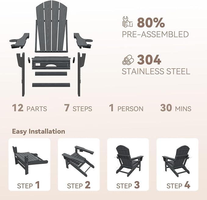 Mdeam 3-Level Adjustable Adirondack Chair with Retractable Ottoman, HDPE All-Weather Folding Fire Pit Chair with 2 Cup Holders, Outdoor Chair for Deck Patio Garden Backyard Lawn (Grey)