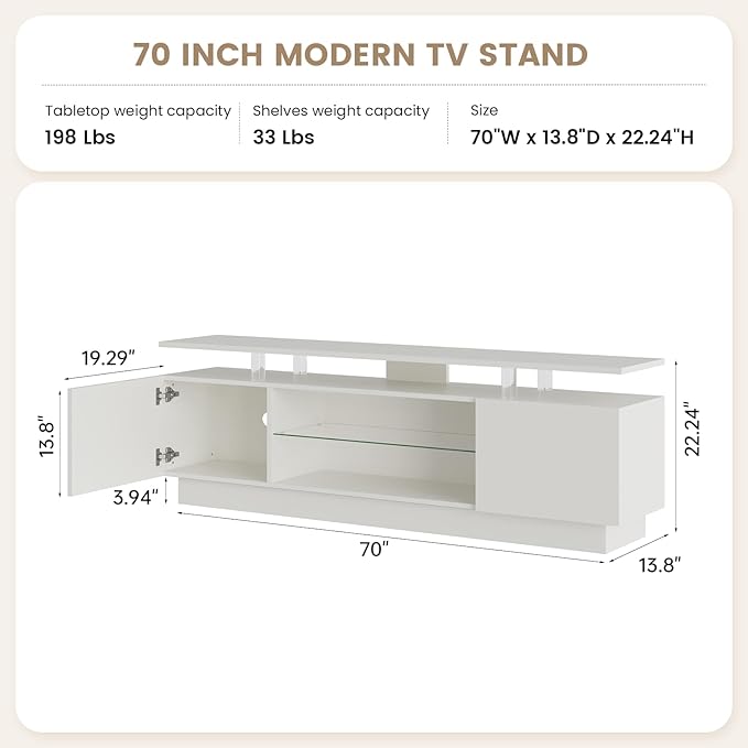 70” High-Glossy TV Stand with 2 Side Cabinets, Modern Stylish TV Console with 3 Layer LED Lights,Gaming TV Media Console with Adjustable Glass Shelf, Remote&APP Control, White