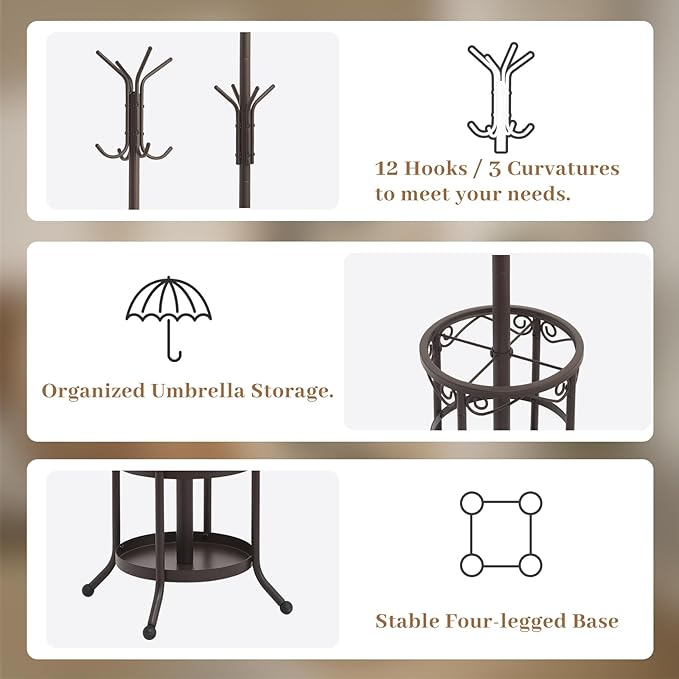 Coat Rack Freestanding With Umbrella Holder – Metal Hall Tree with 12 Hooks, Entryway Organizer for Hats, Bags, and Clothes (Brown)