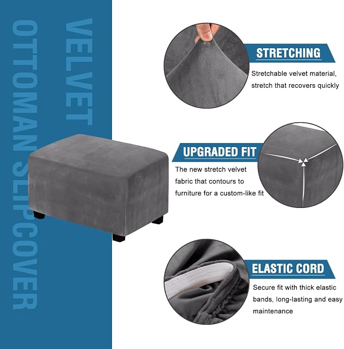 H.VERSAILTEX Real Velvet Plush 1 Piece Form Fit Stretch Rectangle Folding Storage Covers Ottoman Slipcovers Removable Footstool Protect Footrest Covers Elastic Bottom, Machine Washable(Large, Grey)