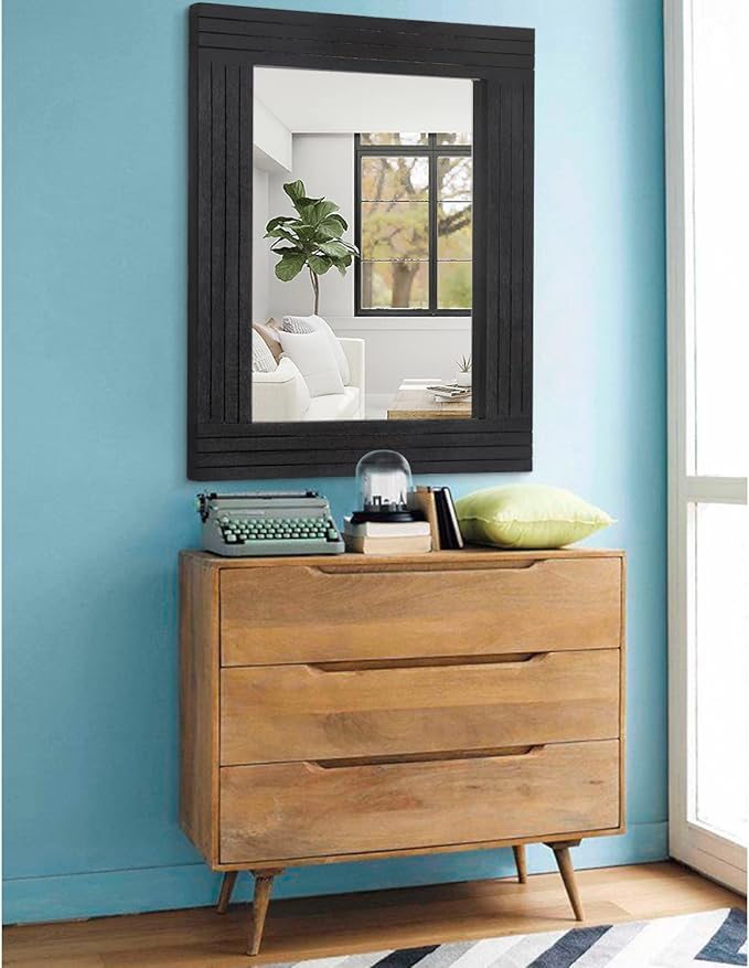 Black Rectangular Vintage Rustic Wood Framed Large Mirror - Deco Farmhouse Living Room Bathroom Bedroom Entrance - 26" x 18"