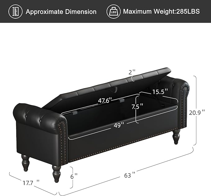 Furniliving 63” End of Bed Bench, Bedroom Bench with Button-Tufted, Upholstered King Storage Ottoman Benches Queen Entryway Bench with Storage Shoe Cabinet Bench, for Bedroom, Black